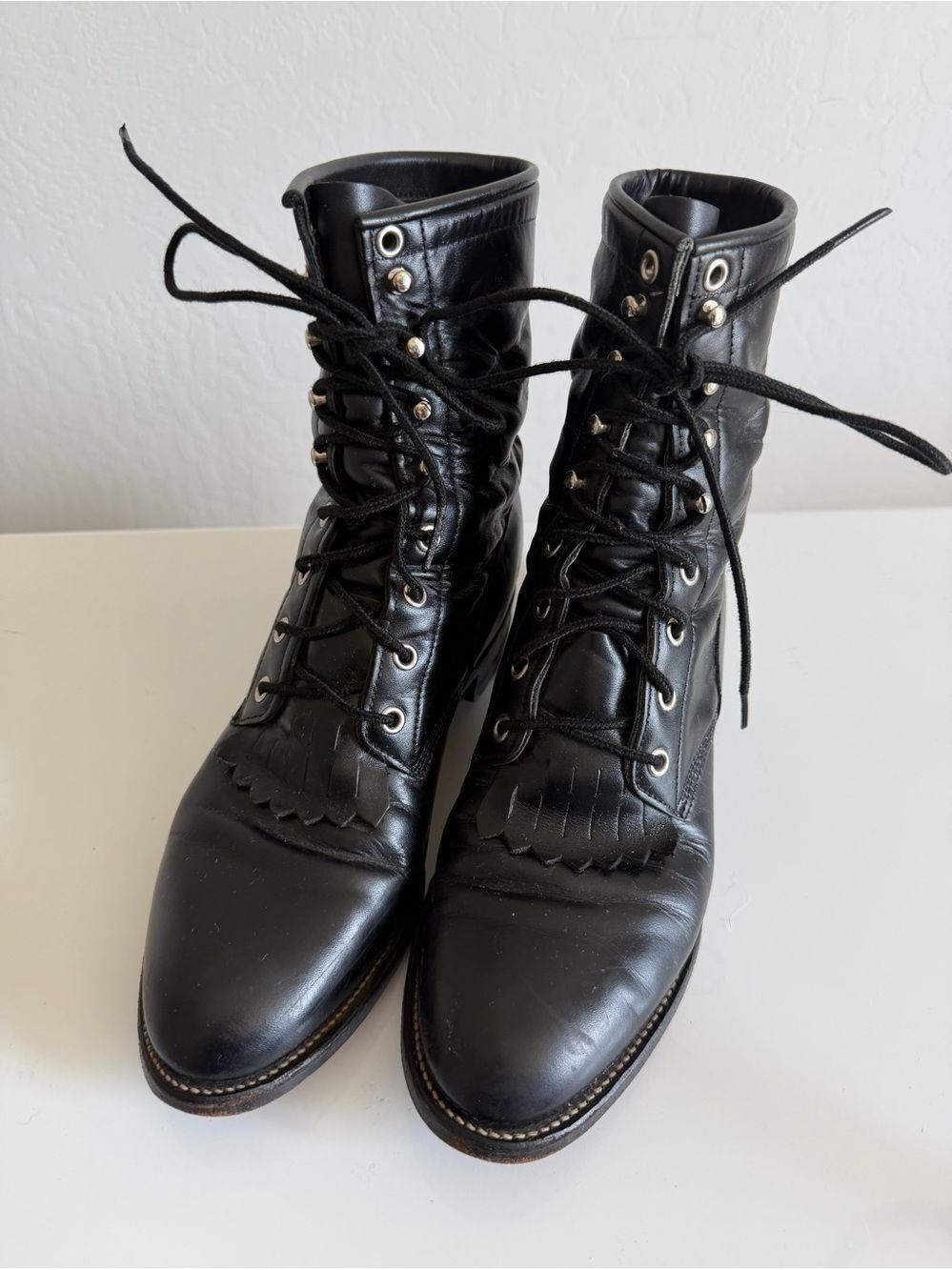 VTG Justin 506 Black Leather Lace Up Roper Boots Kiltie USA Mens 8 D⁠